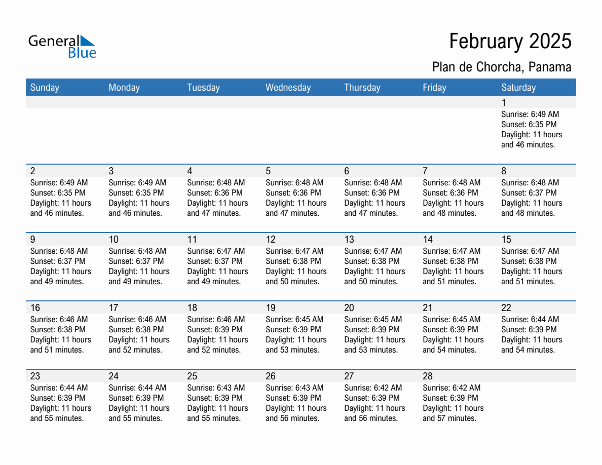 February 2025 Sunrise And Sunset Calendar For Plan De Chorcha PDF