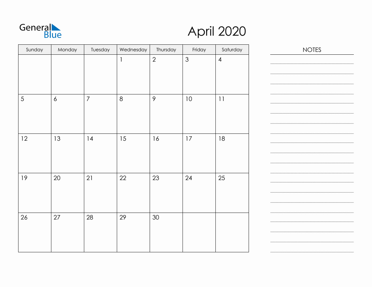 Printable Monthly Calendar With Notes April 2020