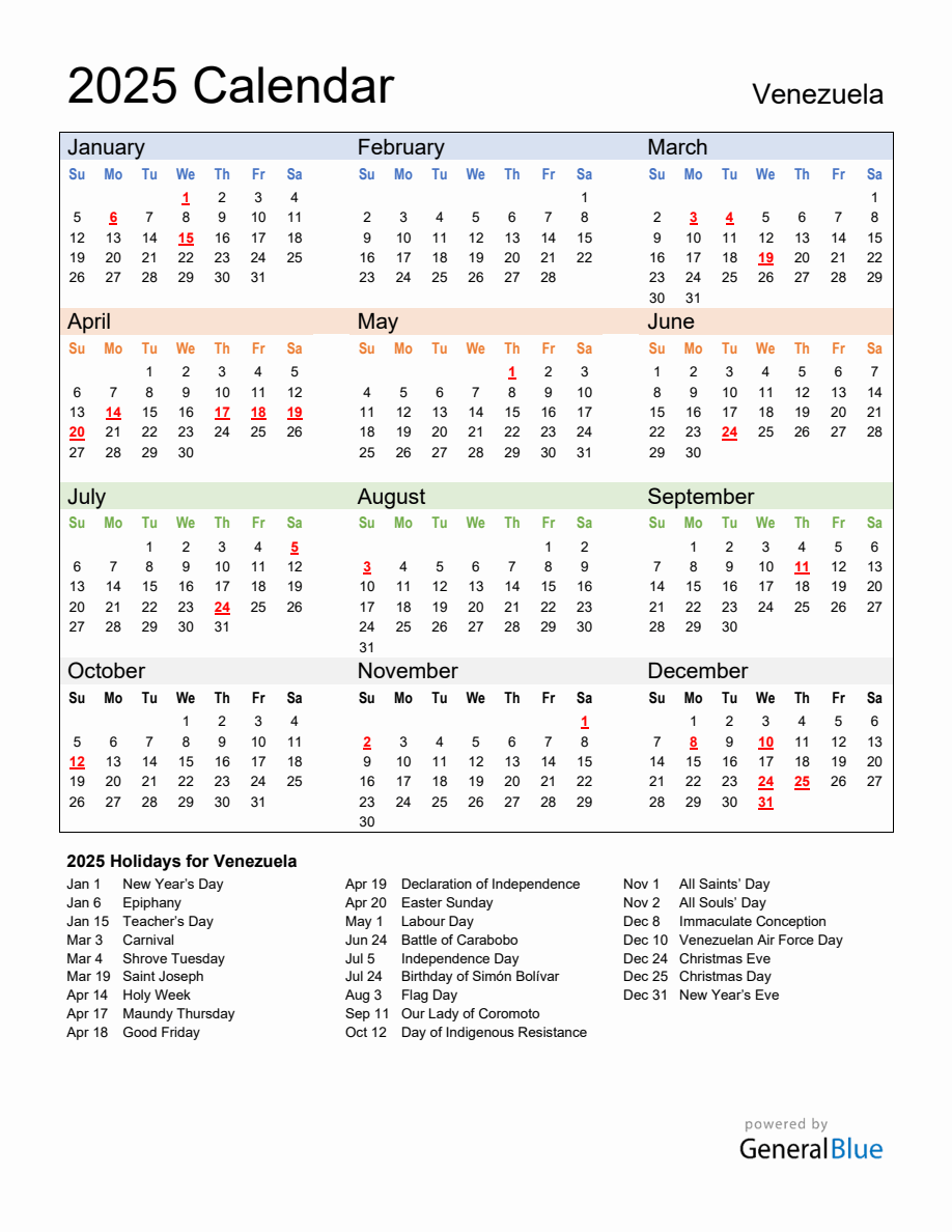 Annual Calendar With Venezuela Holidays