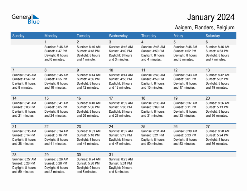 Aaigem January 2024 sunrise and sunset calendar in PDF, Excel, and Word