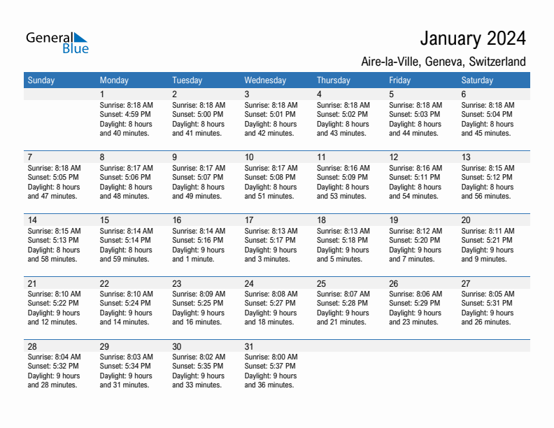 Aire-la-Ville January 2024 sunrise and sunset calendar in PDF, Excel, and Word