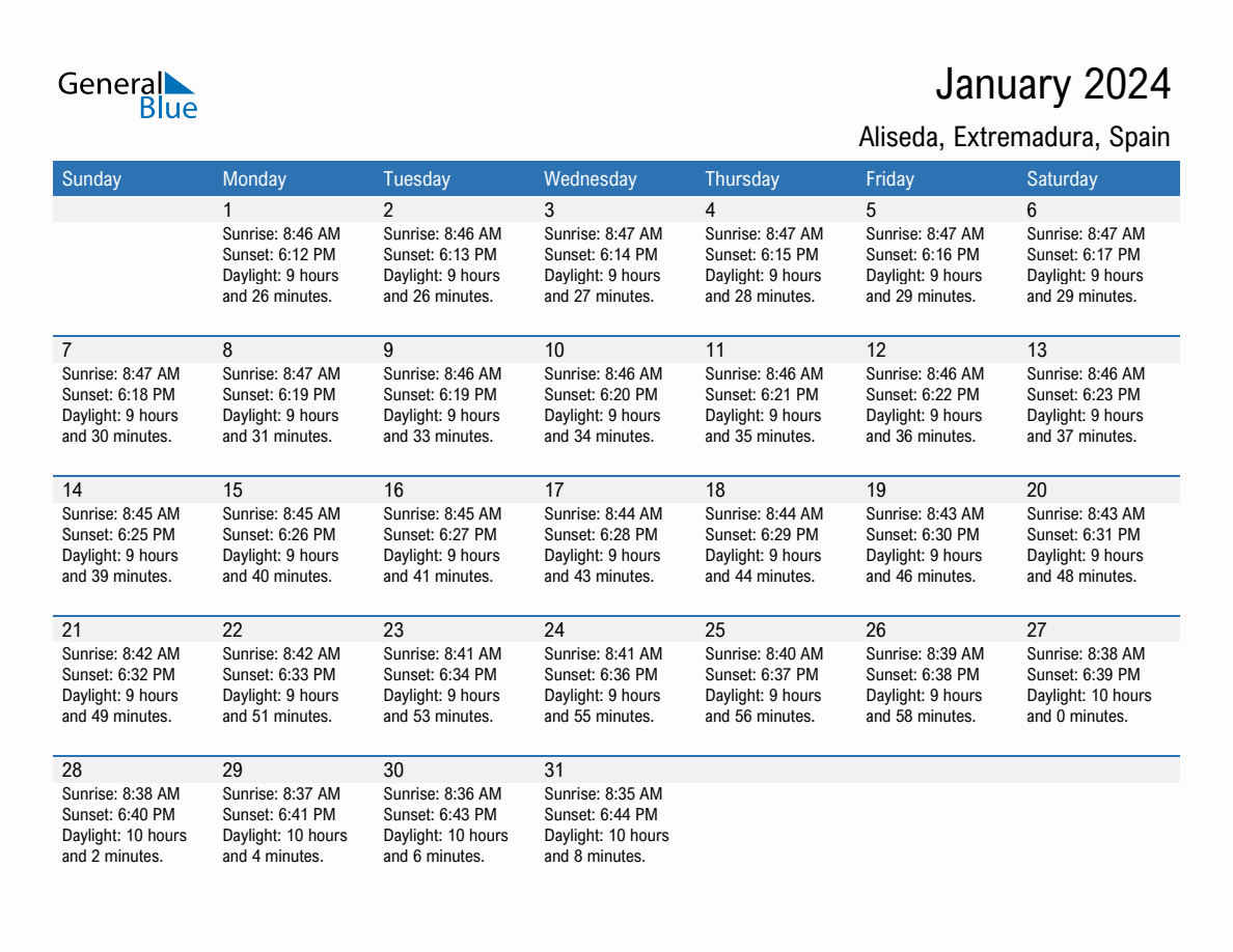 January 2024 Sunrise and Sunset Calendar for Aliseda (PDF, Excel, Word)