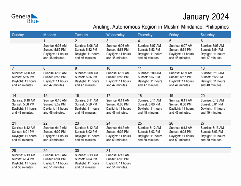 Anuling January 2024 sunrise and sunset calendar in PDF, Excel, and Word