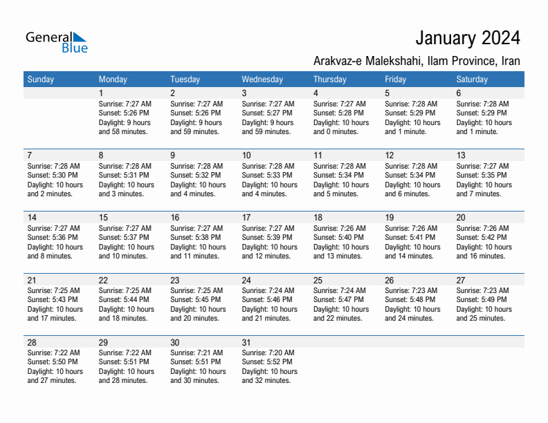 Arakvaz-e Malekshahi January 2024 sunrise and sunset calendar in PDF, Excel, and Word