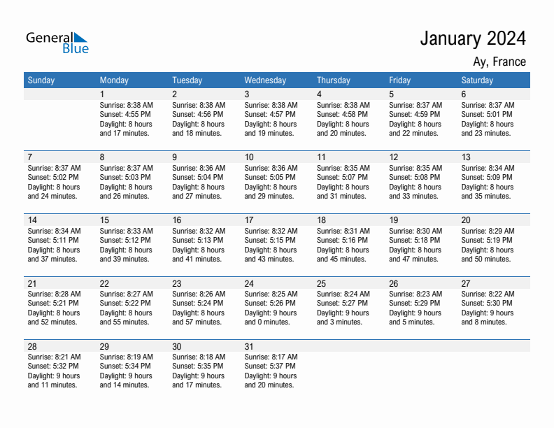 Ay January 2024 sunrise and sunset calendar in PDF, Excel, and Word