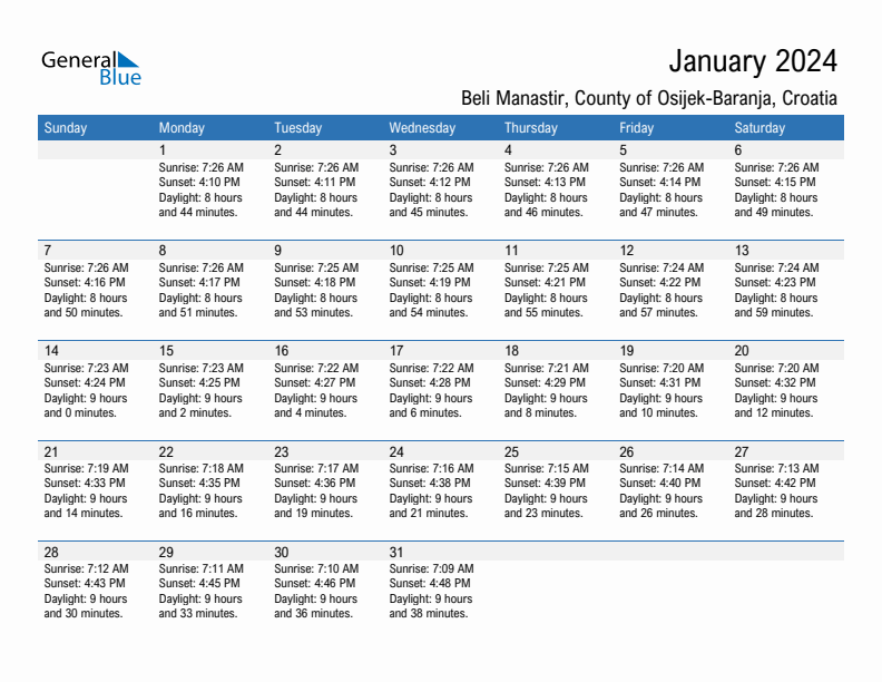 Beli Manastir January 2024 sunrise and sunset calendar in PDF, Excel, and Word