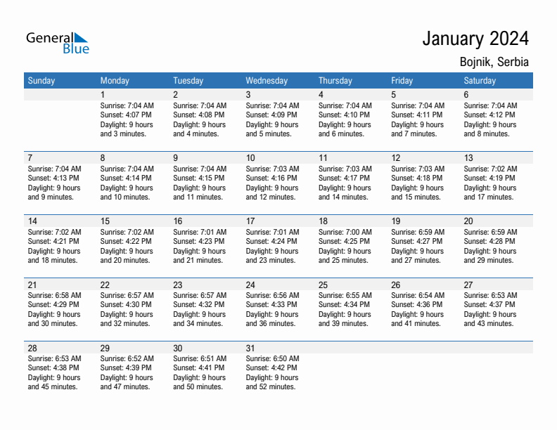 Bojnik January 2024 sunrise and sunset calendar in PDF, Excel, and Word