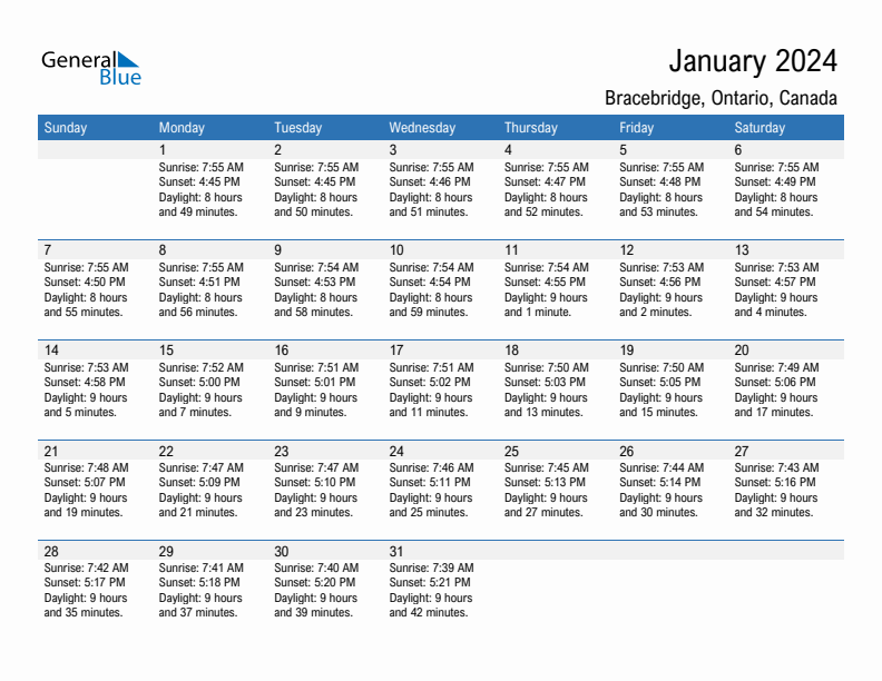 Bracebridge January 2024 sunrise and sunset calendar in PDF, Excel, and Word