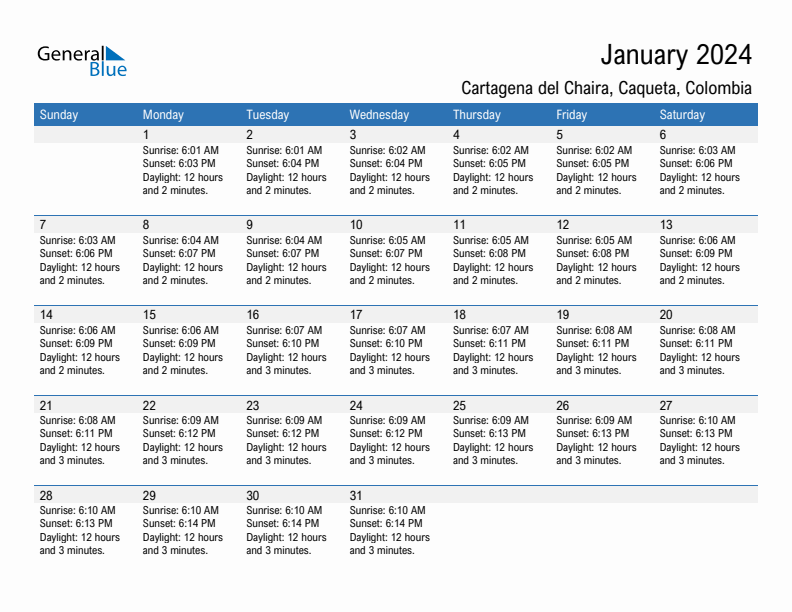 Cartagena del Chaira January 2024 sunrise and sunset calendar in PDF, Excel, and Word