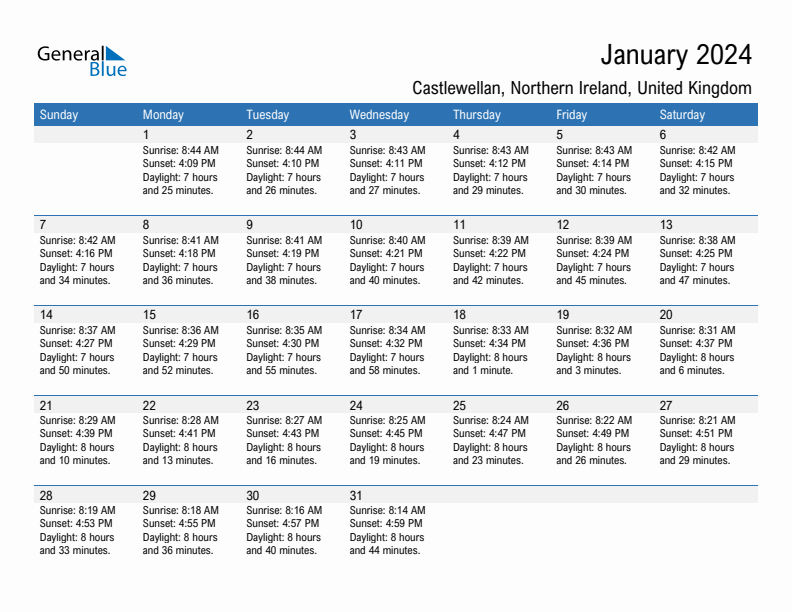 Castlewellan January 2024 sunrise and sunset calendar in PDF, Excel, and Word