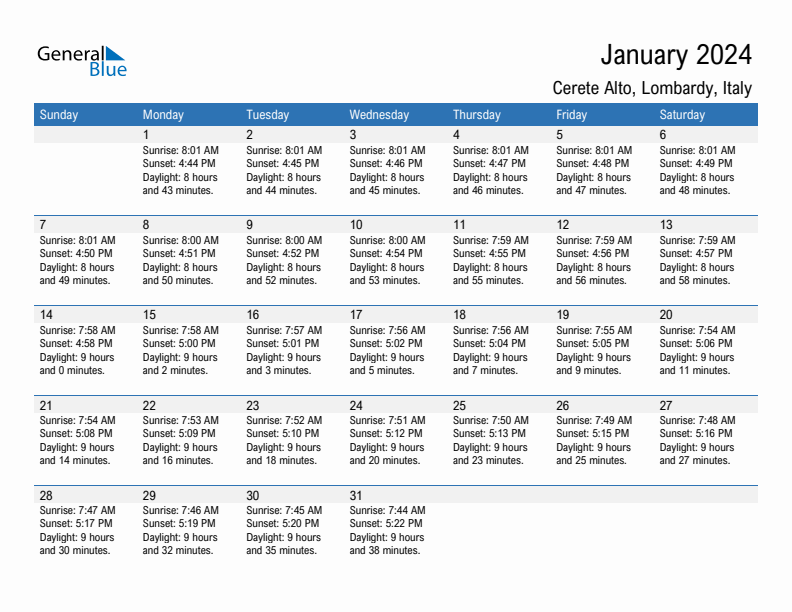 Cerete Alto January 2024 sunrise and sunset calendar in PDF, Excel, and Word