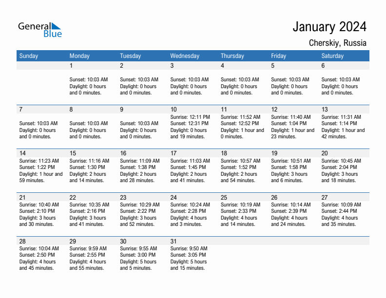 Cherskiy January 2024 sunrise and sunset calendar in PDF, Excel, and Word