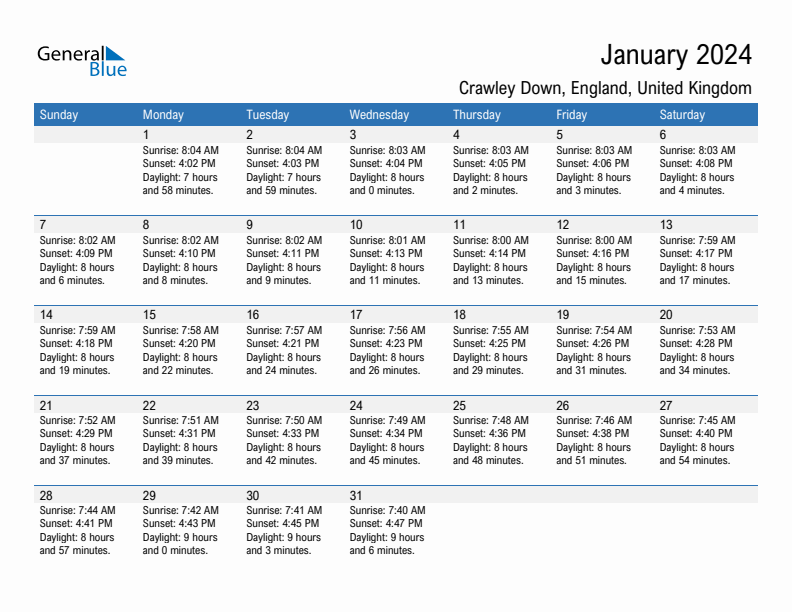 Crawley Down January 2024 sunrise and sunset calendar in PDF, Excel, and Word