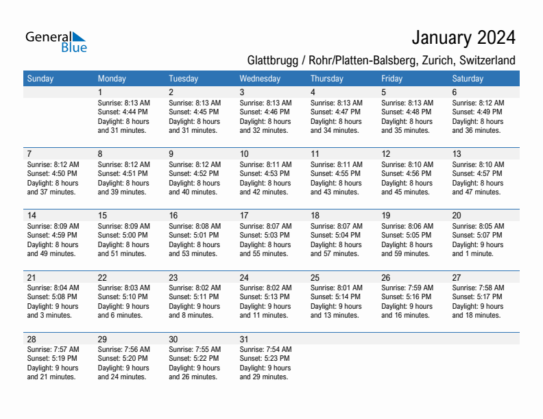 Glattbrugg / Rohr/Platten-Balsberg January 2024 sunrise and sunset calendar in PDF, Excel, and Word