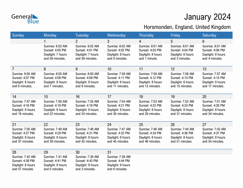 Horsmonden January 2024 sunrise and sunset calendar in PDF, Excel, and Word