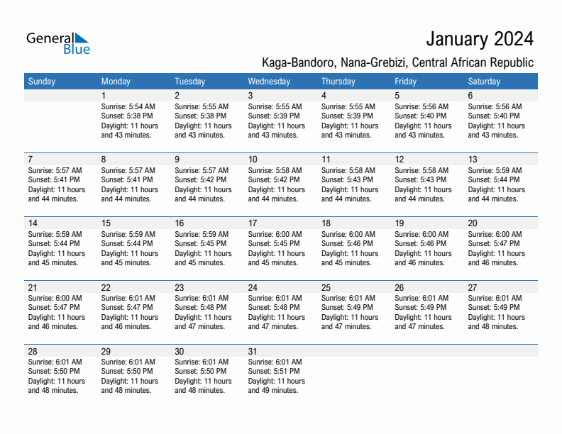 Kaga-Bandoro January 2024 sunrise and sunset calendar in PDF, Excel, and Word