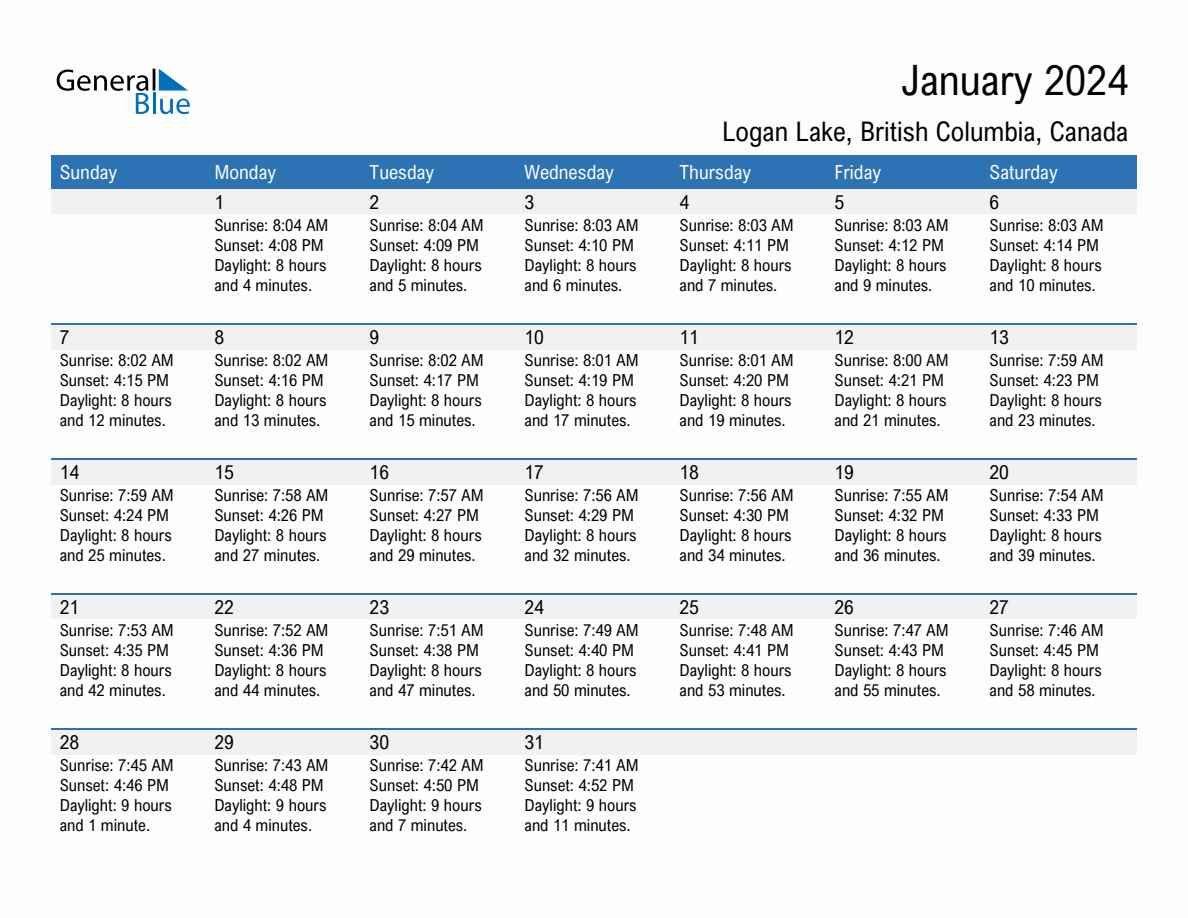 January 2024 Sunrise and Sunset Calendar for Logan Lake (PDF, Excel, Word)