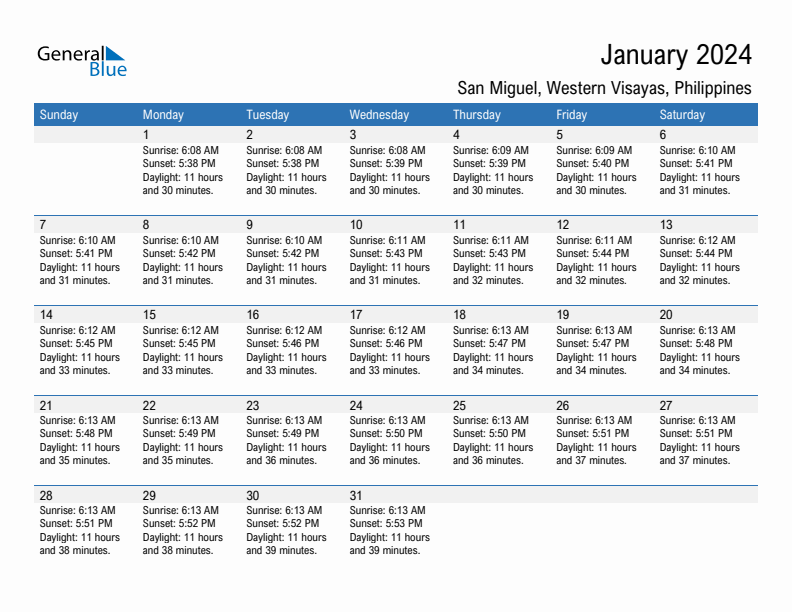 San Miguel January 2024 sunrise and sunset calendar in PDF, Excel, and Word