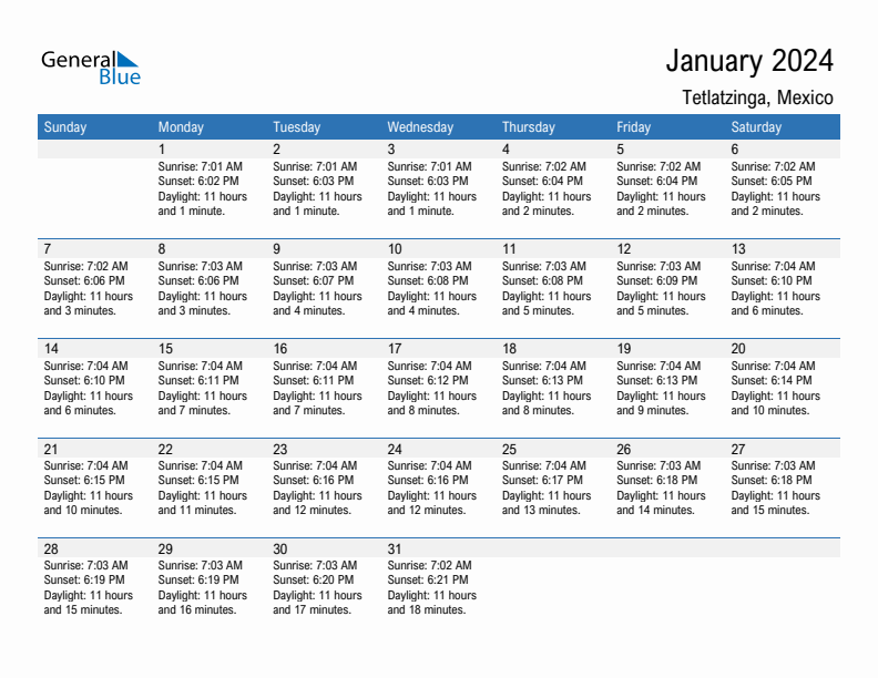 Tetlatzinga January 2024 sunrise and sunset calendar in PDF, Excel, and Word