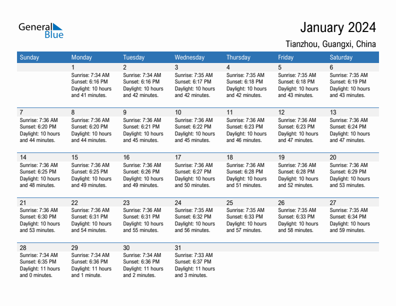 Tianzhou January 2024 sunrise and sunset calendar in PDF, Excel, and Word