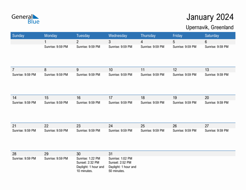 Upernavik January 2024 sunrise and sunset calendar in PDF, Excel, and Word