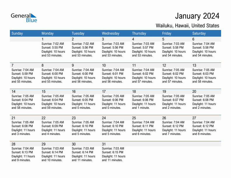 Wailuku January 2024 sunrise and sunset calendar in PDF, Excel, and Word