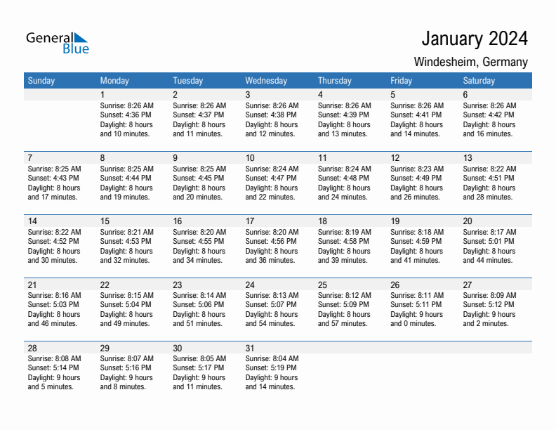 Windesheim January 2024 sunrise and sunset calendar in PDF, Excel, and Word