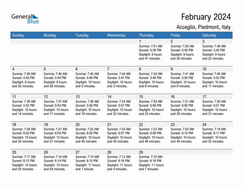 Acceglio February 2024 sunrise and sunset calendar in PDF, Excel, and Word