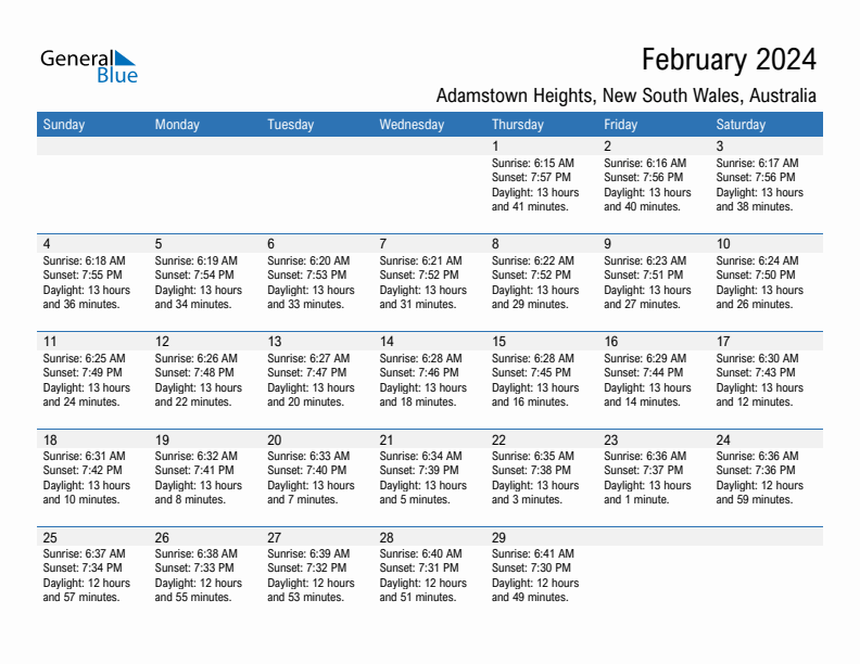 Adamstown Heights February 2024 sunrise and sunset calendar in PDF, Excel, and Word