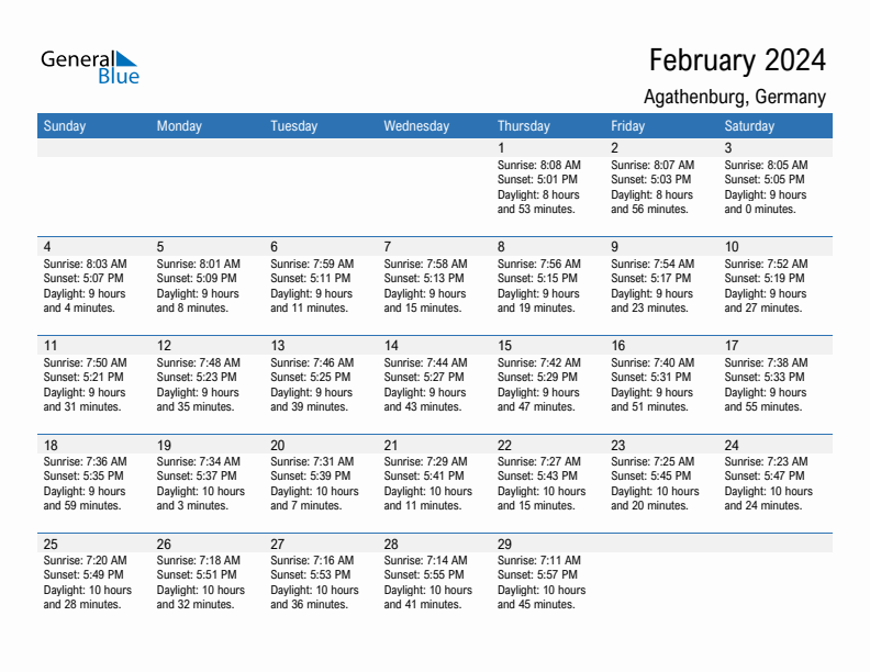 Agathenburg February 2024 sunrise and sunset calendar in PDF, Excel, and Word