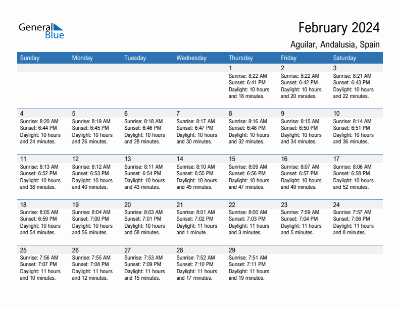 Aguilar February 2024 sunrise and sunset calendar in PDF, Excel, and Word