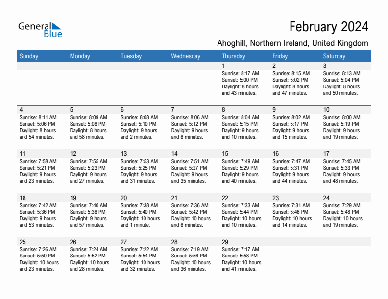 Ahoghill February 2024 sunrise and sunset calendar in PDF, Excel, and Word