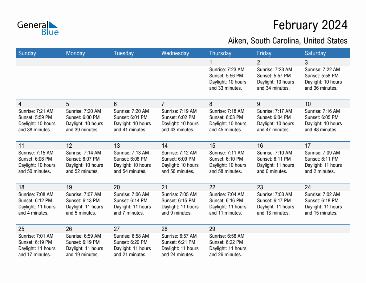 February 2024 Sunrise and Sunset Calendar for Aiken (PDF, Excel, Word)