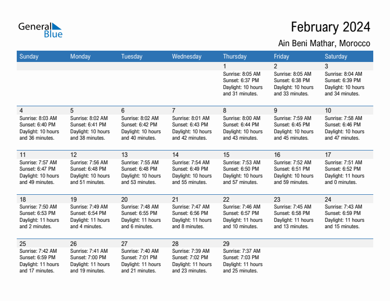 Ain Beni Mathar February 2024 sunrise and sunset calendar in PDF, Excel, and Word