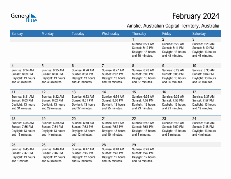 Ainslie February 2024 sunrise and sunset calendar in PDF, Excel, and Word