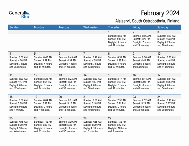 Alajaervi February 2024 sunrise and sunset calendar in PDF, Excel, and Word