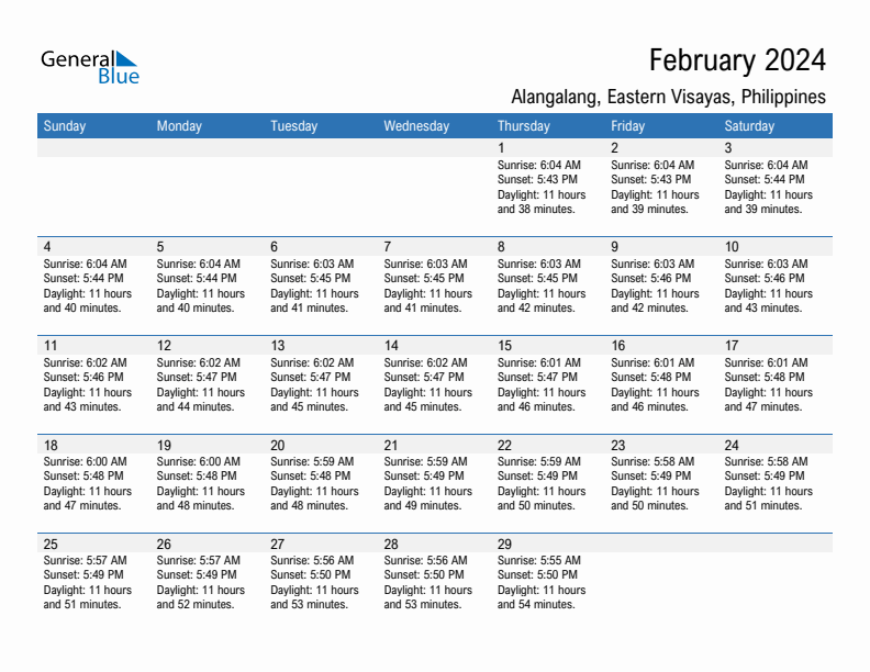 Alangalang February 2024 sunrise and sunset calendar in PDF, Excel, and Word