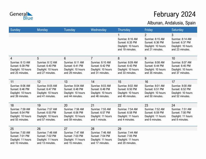 Albunan February 2024 sunrise and sunset calendar in PDF, Excel, and Word