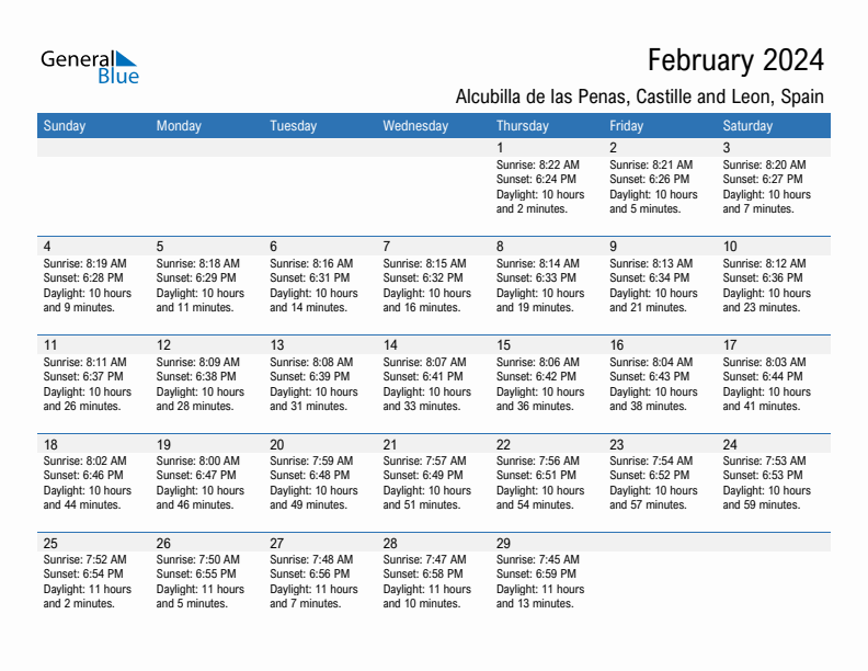 Alcubilla de las Penas February 2024 sunrise and sunset calendar in PDF, Excel, and Word