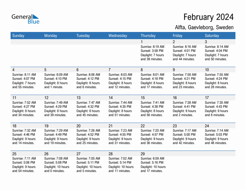 Alfta February 2024 sunrise and sunset calendar in PDF, Excel, and Word