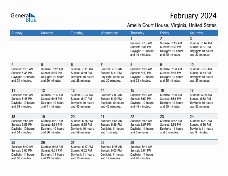 Amelia Court House February 2024 sunrise and sunset calendar in PDF, Excel, and Word