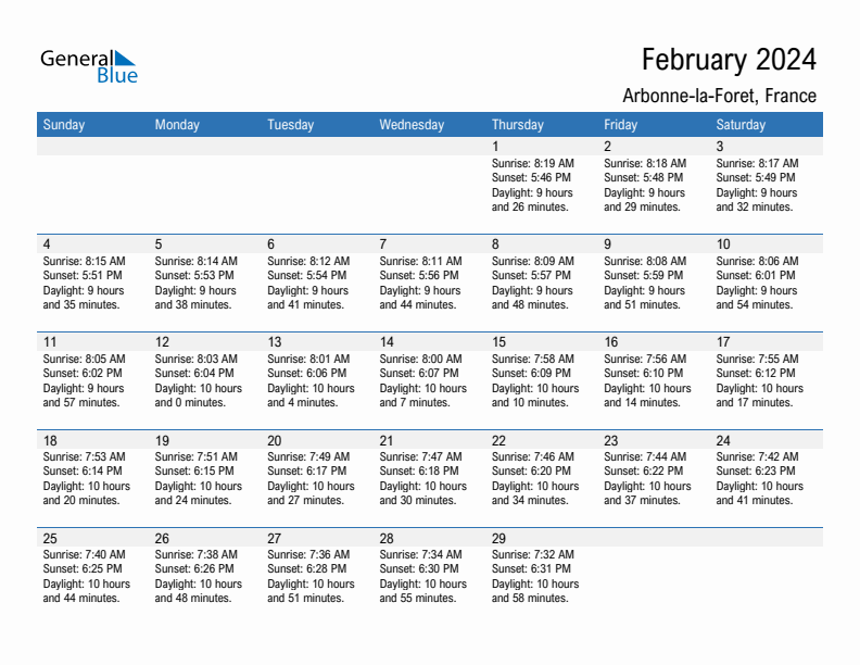 Arbonne-la-Foret February 2024 sunrise and sunset calendar in PDF, Excel, and Word