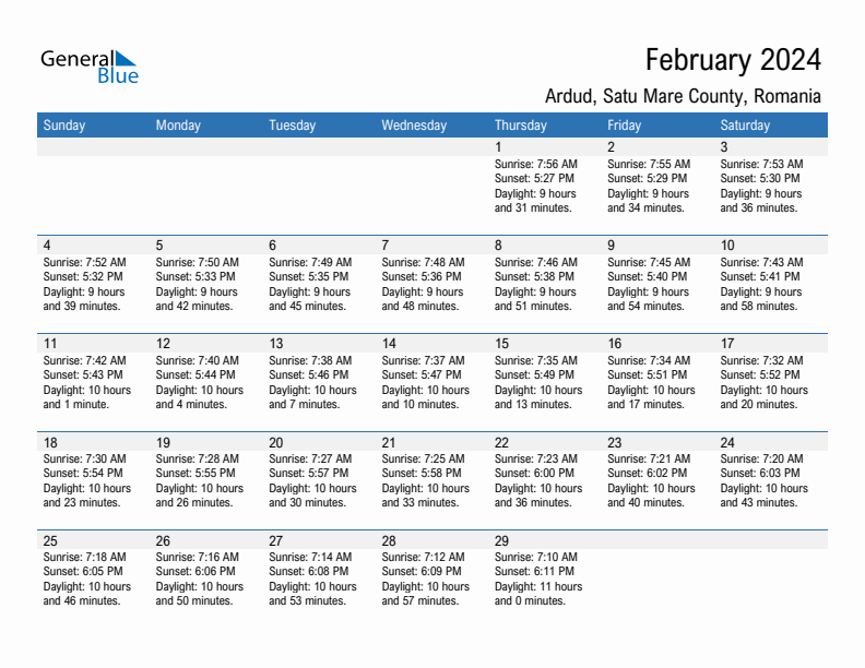 Ardud February 2024 sunrise and sunset calendar in PDF, Excel, and Word