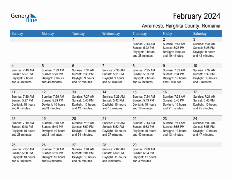 Avramesti February 2024 sunrise and sunset calendar in PDF, Excel, and Word