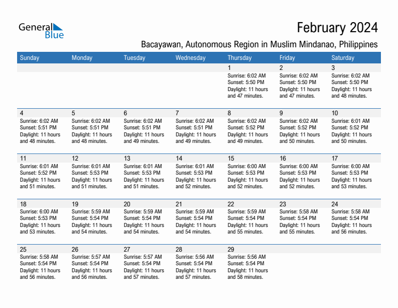 Bacayawan February 2024 sunrise and sunset calendar in PDF, Excel, and Word