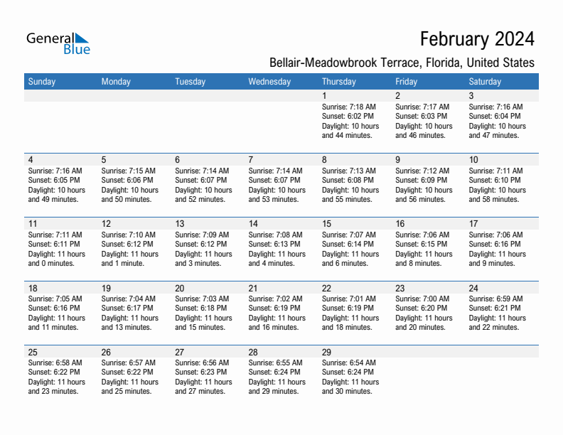 Bellair-Meadowbrook Terrace February 2024 sunrise and sunset calendar in PDF, Excel, and Word