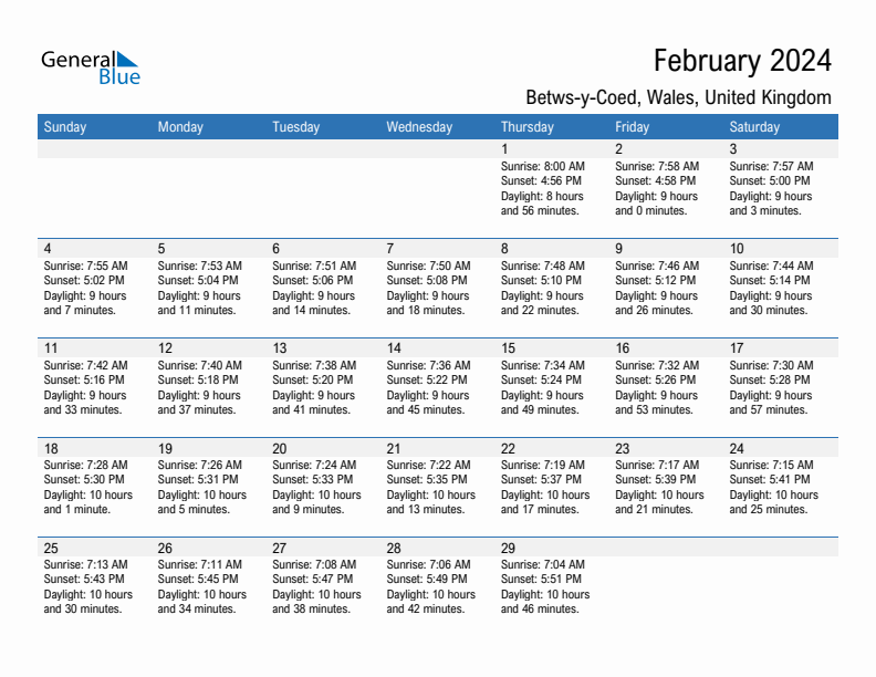 Betws-y-Coed February 2024 sunrise and sunset calendar in PDF, Excel, and Word