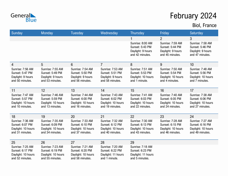 Biol February 2024 sunrise and sunset calendar in PDF, Excel, and Word