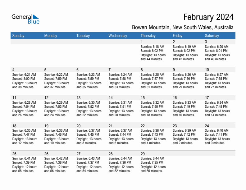 Bowen Mountain February 2024 sunrise and sunset calendar in PDF, Excel, and Word