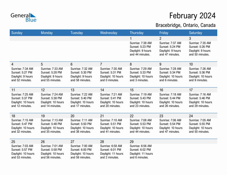 Bracebridge February 2024 sunrise and sunset calendar in PDF, Excel, and Word